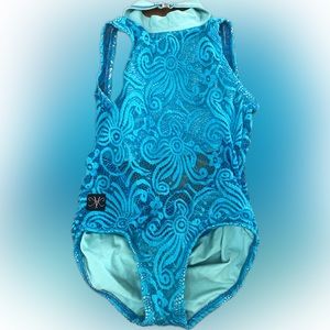 Kandi Kouture Dancewear
Turquoise Blue lace leotard high neck